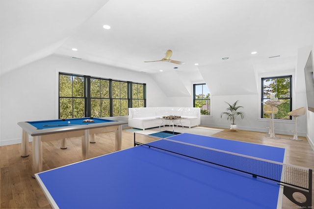 52 Garibaldi Ln, New Canaan, CT 06840 - playroom with vaulted ceiling, wood finished floors, ceiling fan, and recessed lighting
