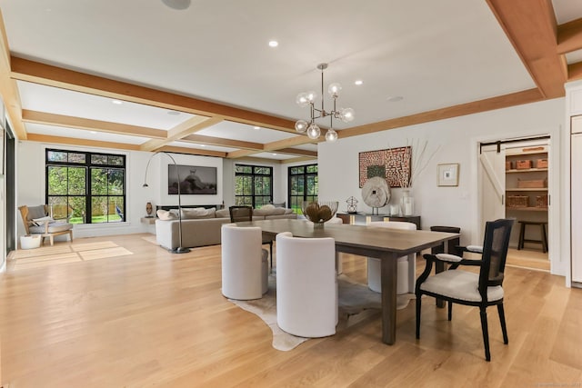 52 Garibaldi Ln, New Canaan, CT 06840 - dining room featuring recessed lighting, a chandelier, light wood-type flooring, and beamed ceiling