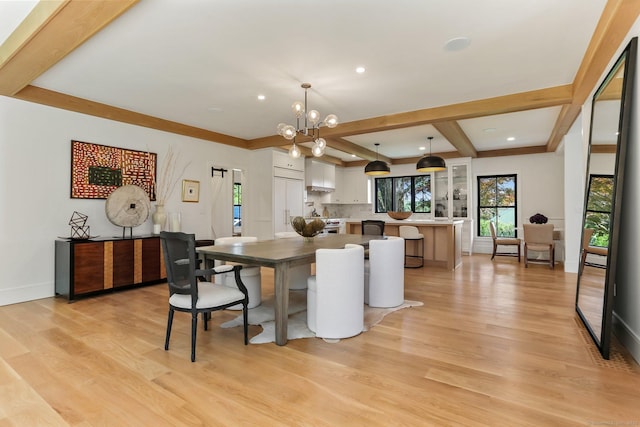 52 Garibaldi Ln, New Canaan, CT 06840 - dining area with light wood finished floors, beam ceiling, a chandelier, and recessed lighting