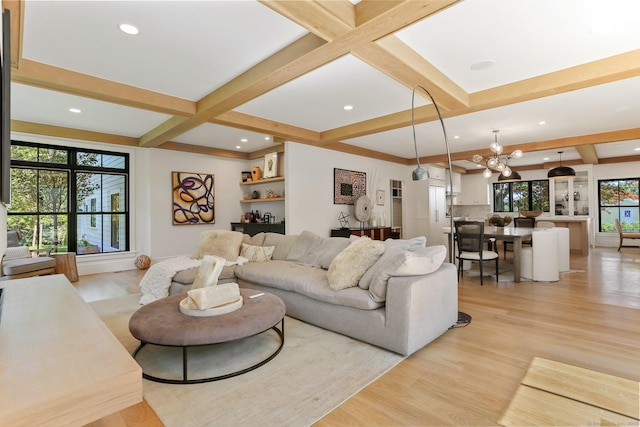 52 Garibaldi Ln, New Canaan, CT 06840 - living area featuring beam ceiling, recessed lighting, light wood-type flooring, and a chandelier