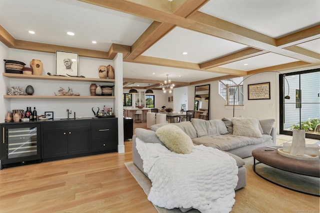 52 Garibaldi Ln, New Canaan, CT 06840 - living area with beverage cooler, bar area, plenty of natural light, light wood-type flooring, and beamed ceiling