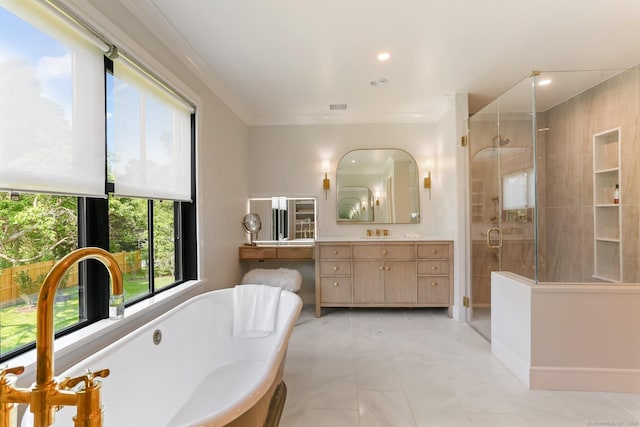 52 Garibaldi Ln, New Canaan, CT 06840 - bathroom with a stall shower, vanity, a soaking tub, marble finish floors, and recessed lighting