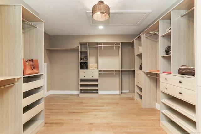 52 Garibaldi Ln, New Canaan, CT 06840 - spacious closet featuring attic access and light wood-style floors