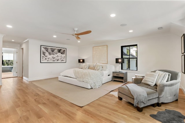 52 Garibaldi Ln, New Canaan, CT 06840 - bedroom featuring ornamental molding, light wood-style floors, recessed lighting, and a ceiling fan