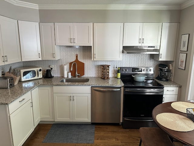 311 Georgetown Dr Unit 311, Glastonbury, CT 06033 - kitchen featuring dishwasher, under cabinet range hood, electric stove, white cabinetry, and decorative backsplash