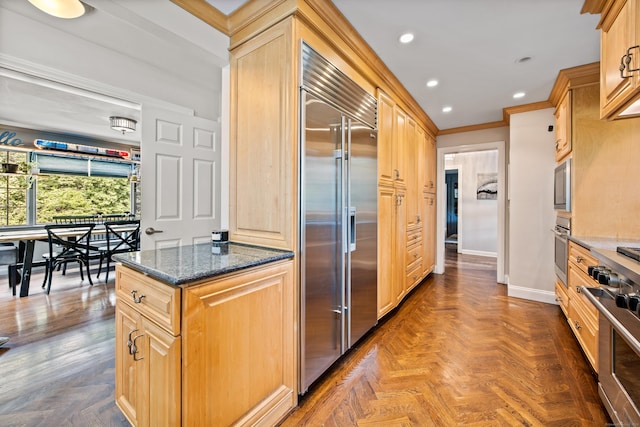 430 Cook Hill Rd, Cheshire, CT 06410 - kitchen featuring built in appliances, dark stone countertops, light brown cabinets, ornamental molding, and recessed lighting