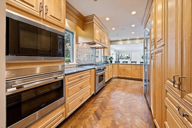 430 Cook Hill Rd, Cheshire, CT 06410 - kitchen with appliances with stainless steel finishes, a peninsula, recessed lighting, tasteful backsplash, and light brown cabinetry