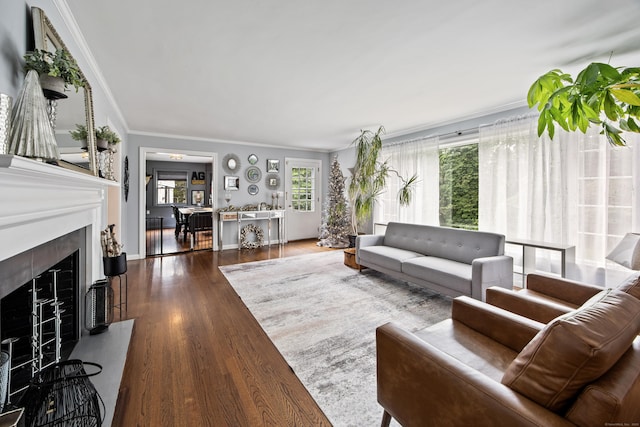 430 Cook Hill Rd, Cheshire, CT 06410 - living area with wood finished floors, ornamental molding, and a fireplace with raised hearth