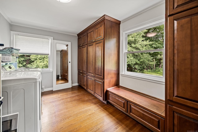 430 Cook Hill Rd, Cheshire, CT 06410 - mudroom featuring washer and clothes dryer, light wood-type flooring, plenty of natural light, and ornamental molding