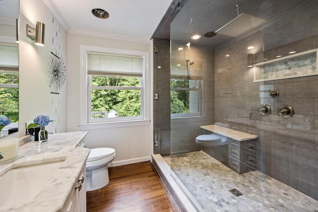 430 Cook Hill Rd, Cheshire, CT 06410 - bathroom featuring tiled shower, vanity, wood finished floors, and crown molding