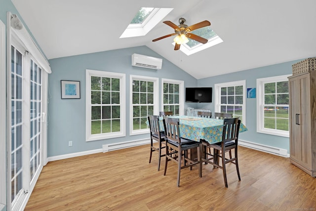 24 Saley Rd, Milford, CT 06460 - dining room with a skylight, a baseboard radiator, a wall mounted AC, vaulted ceiling, and light wood-style flooring