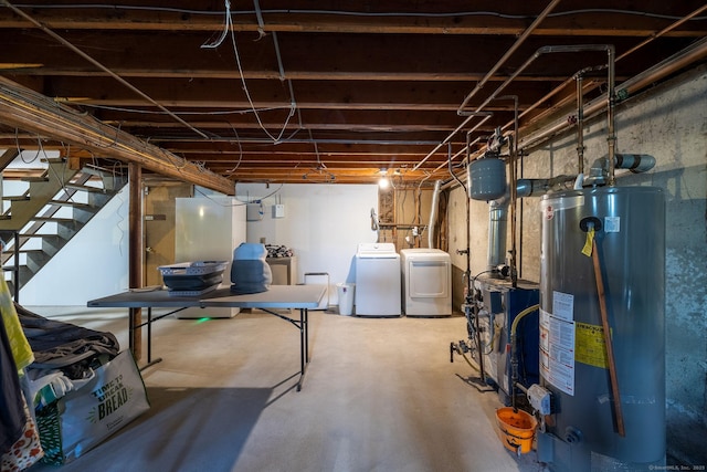 24 Saley Rd, Milford, CT 06460 - unfinished below grade area with water heater, independent washer and dryer, a water softener system, stairway, and a heating unit