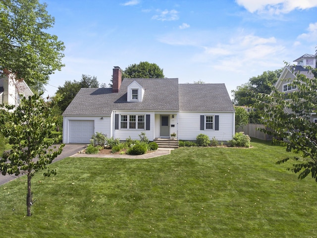 103 Colonial Dr, Fairfield, CT 06824 - new england style home with an attached garage, driveway, a chimney, and roof with shingles