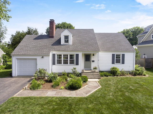 103 Colonial Dr, Fairfield, CT 06824 - cape cod-style house featuring a chimney, an attached garage, asphalt driveway, and roof with shingles