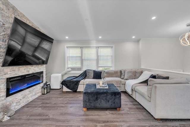 202A Hartford Pike, Foster, Rhode Island, RI 02825 - living area with a fireplace, wood finished floors, crown molding, and recessed lighting