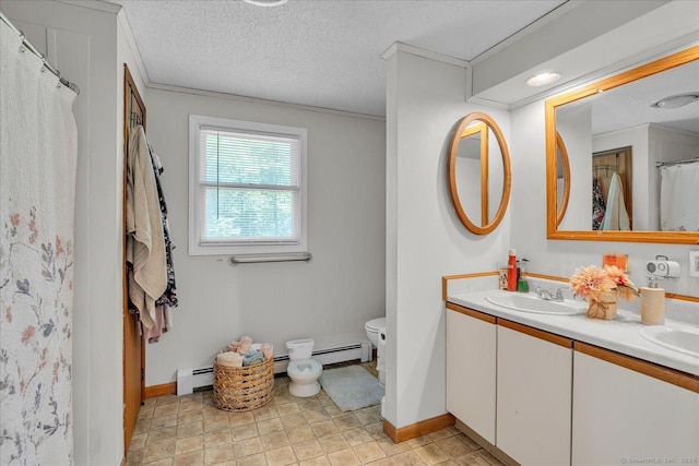 202A Hartford Pike, Foster, Rhode Island, RI 02825 - bathroom with double vanity, baseboard heating, a shower with curtain, and a textured ceiling