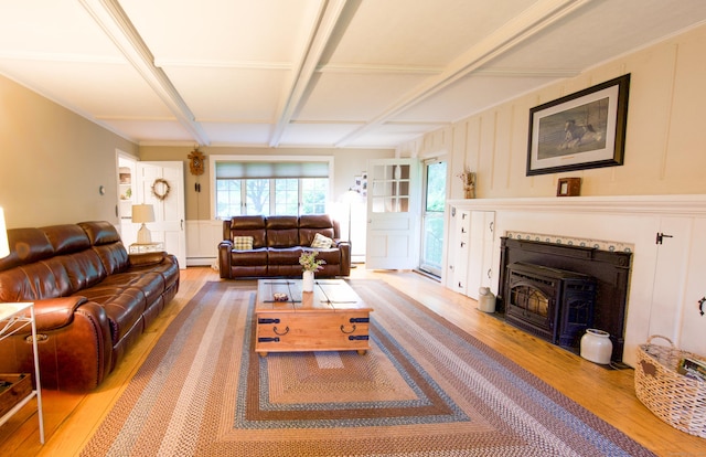 593 Northfield Rd, Watertown, CT 06795 - living room with light wood finished floors, a decorative wall, a baseboard radiator, and coffered ceiling