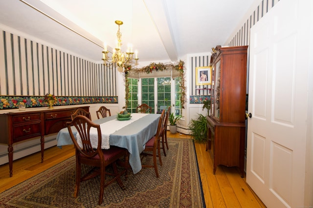 593 Northfield Rd, Watertown, CT 06795 - dining room with wallpapered walls, a chandelier, light wood-type flooring, and beamed ceiling