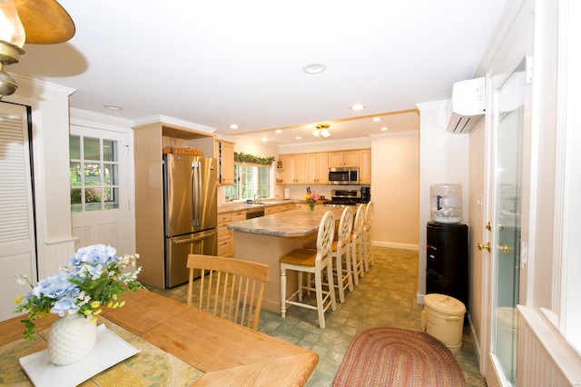 593 Northfield Rd, Watertown, CT 06795 - dining space with a wall mounted AC, recessed lighting, and ornamental molding