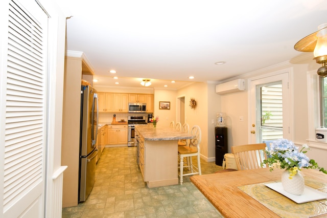 593 Northfield Rd, Watertown, CT 06795 - dining area with a wall mounted air conditioner, crown molding, recessed lighting, and stone finish flooring