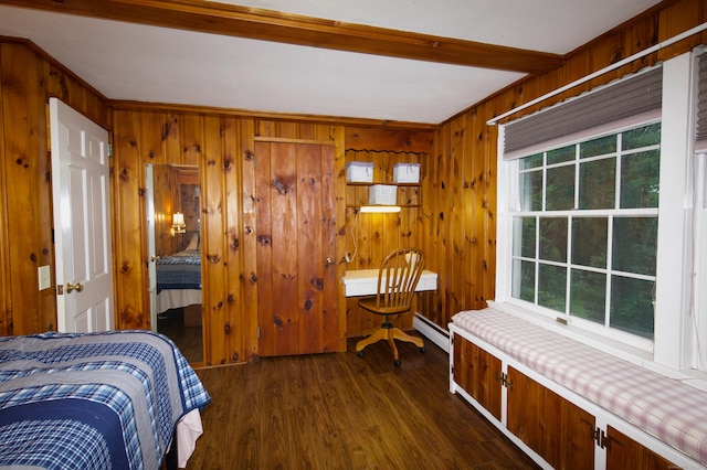 593 Northfield Rd, Watertown, CT 06795 - bedroom featuring dark wood-type flooring, wood walls, beam ceiling, and baseboard heating