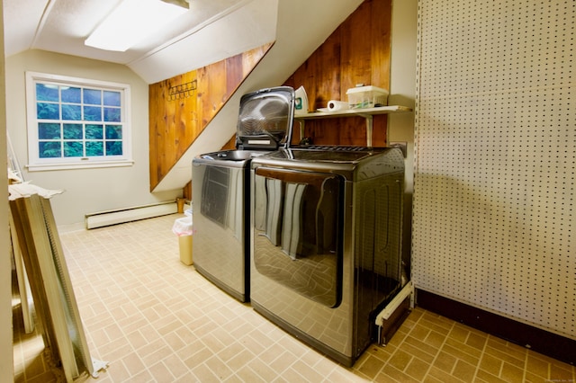 593 Northfield Rd, Watertown, CT 06795 - laundry area with a baseboard radiator, brick patterned flooring, and washing machine and clothes dryer