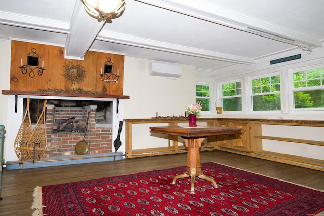 593 Northfield Rd, Watertown, CT 06795 - dining area with an AC wall unit, beam ceiling, and wood finished floors