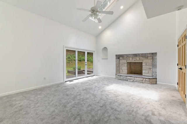 202 High Wood Dr, Glastonbury, CT 06073 - unfurnished living room with high vaulted ceiling, carpet floors, ceiling fan, a fireplace, and recessed lighting