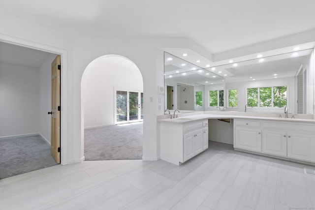 202 High Wood Dr, Glastonbury, CT 06073 - kitchen featuring light carpet, recessed lighting, white cabinets, open floor plan, and light countertops
