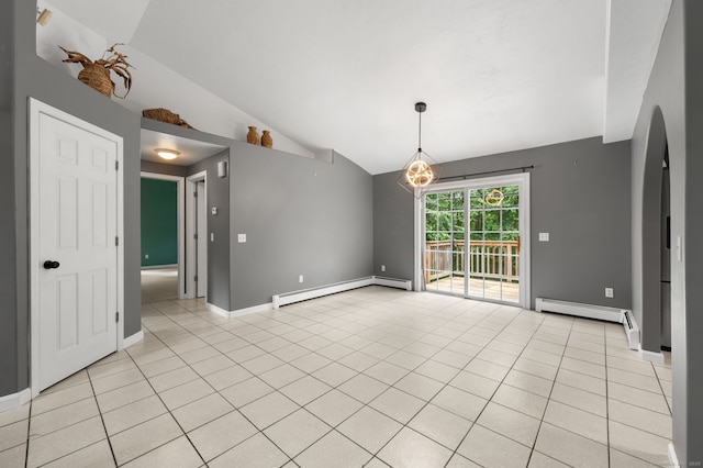 19 Peach Tree Hill Ave, Ledyard, CT 06339 - empty room with a baseboard radiator, vaulted ceiling, arched walkways, and light tile patterned flooring