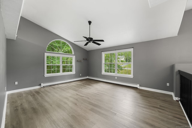 19 Peach Tree Hill Ave, Ledyard, CT 06339 - unfurnished living room with baseboard heating, a baseboard heating unit, ceiling fan, lofted ceiling, and wood finished floors