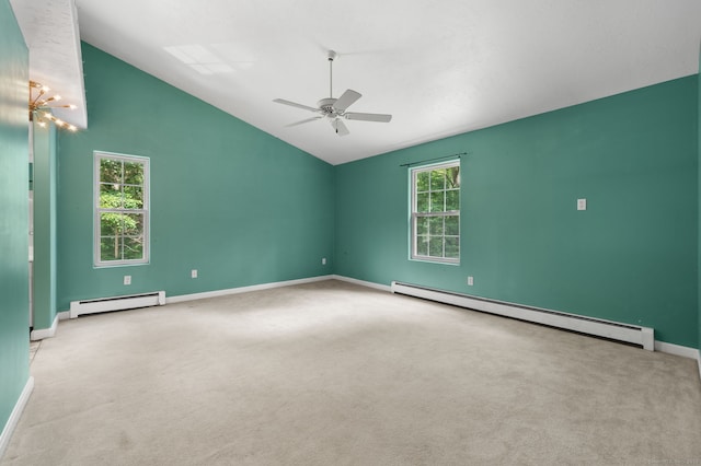 19 Peach Tree Hill Ave, Ledyard, CT 06339 - carpeted empty room featuring a baseboard radiator, vaulted ceiling, and ceiling fan