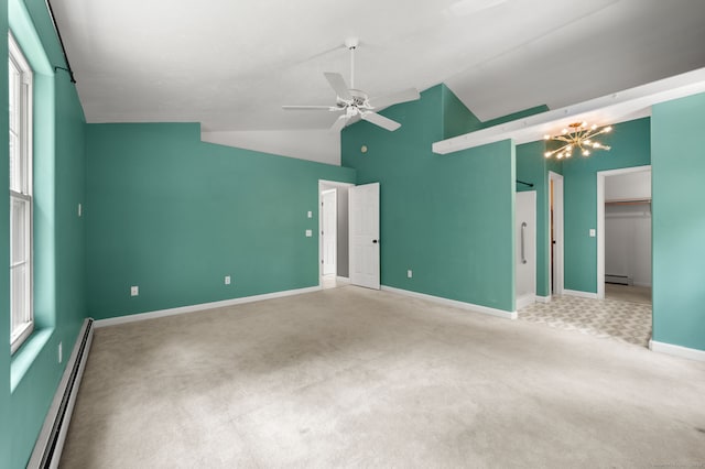 19 Peach Tree Hill Ave, Ledyard, CT 06339 - spare room with baseboard heating, light carpet, high vaulted ceiling, ceiling fan, and a baseboard heating unit