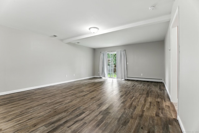 221 Griffin Rd, Suffield, CT 06093 - spare room featuring a baseboard radiator, dark wood-style floors, beamed ceiling, and a smoke detector