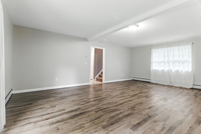 221 Griffin Rd, Suffield, CT 06093 - empty room with a baseboard heating unit, beamed ceiling, wood finished floors, and stairs
