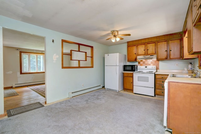68 Highland Ave, East Haven, CT 06513 - kitchen featuring white appliances, a baseboard radiator, under cabinet range hood, and a ceiling fan