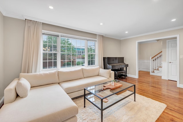 84 Edison Ave, Fairfield, CT 06825 - living room featuring ornamental molding, light wood finished floors, stairway, and recessed lighting
