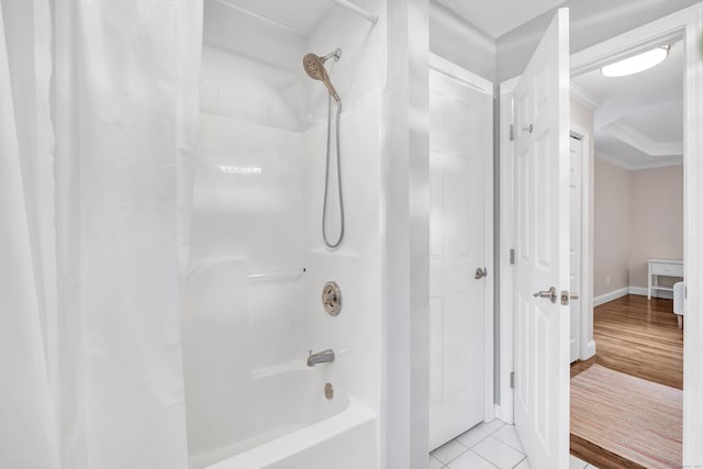 84 Edison Ave, Fairfield, CT 06825 - bathroom with crown molding, shower / bath combo with shower curtain, and tile patterned floors