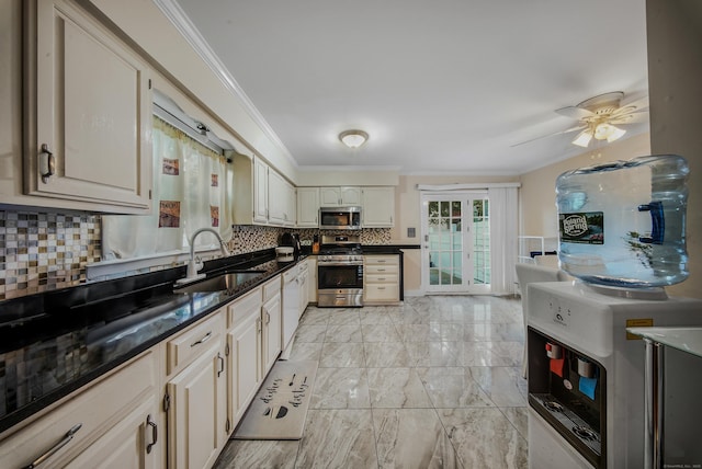 44 Pond St, Bridgeport, CT 06606 - kitchen with appliances with stainless steel finishes, ornamental molding, backsplash, light marble finish floors, and a ceiling fan