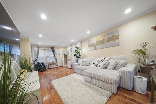 44 Pond St, Bridgeport, CT 06606 - living room featuring ornamental molding, recessed lighting, and wood finished floors
