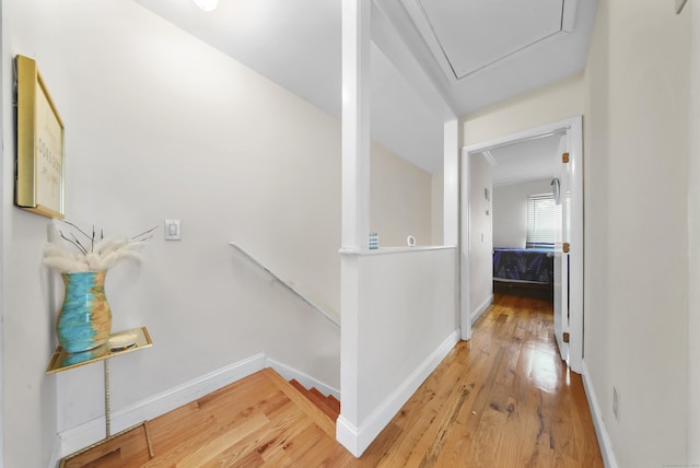 44 Pond St, Bridgeport, CT 06606 - hallway with attic access, light wood finished floors, and an upstairs landing