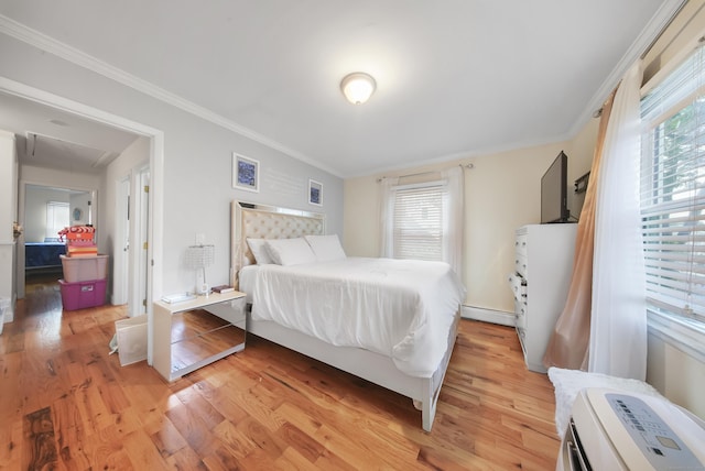44 Pond St, Bridgeport, CT 06606 - bedroom featuring multiple windows, light wood-type flooring, baseboard heating, and crown molding