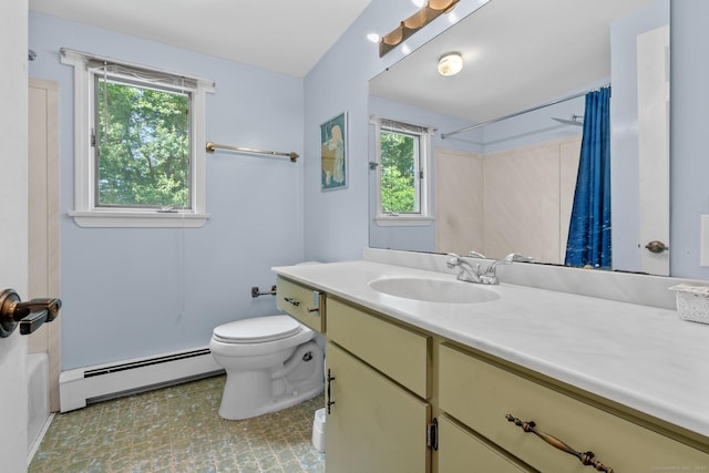 61 Mansfield Rd, New London, CT 06320 - bathroom with a baseboard radiator, vanity, plenty of natural light, and shower / bathtub combination with curtain