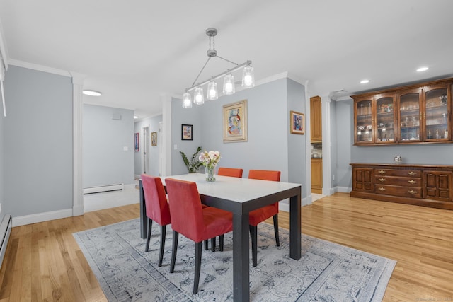 477 Skyline Dr, Orange, CT 06477 - dining space featuring baseboard heating, light wood finished floors, recessed lighting, crown molding, and a baseboard heating unit