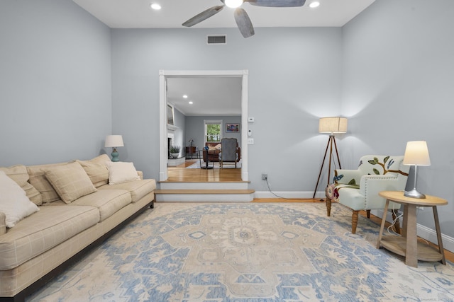 477 Skyline Dr, Orange, CT 06477 - living room with a ceiling fan, recessed lighting, and a fireplace