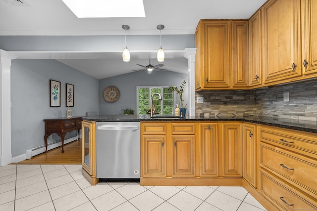 477 Skyline Dr, Orange, CT 06477 - kitchen with stainless steel dishwasher, a baseboard radiator, a skylight, brown cabinetry, and a ceiling fan