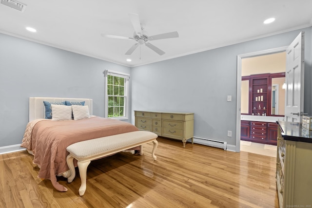 477 Skyline Dr, Orange, CT 06477 - bedroom with a baseboard radiator, light wood-type flooring, crown molding, recessed lighting, and ensuite bathroom