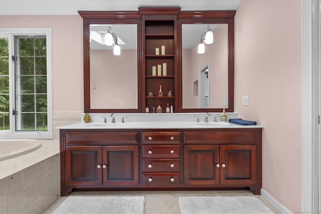 477 Skyline Dr, Orange, CT 06477 - full bathroom with double vanity, a garden tub, and tile patterned flooring