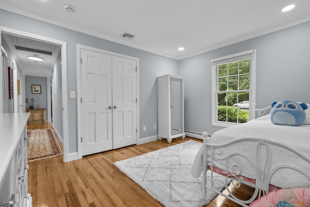 477 Skyline Dr, Orange, CT 06477 - bedroom with attic access, light wood finished floors, crown molding, recessed lighting, and a closet