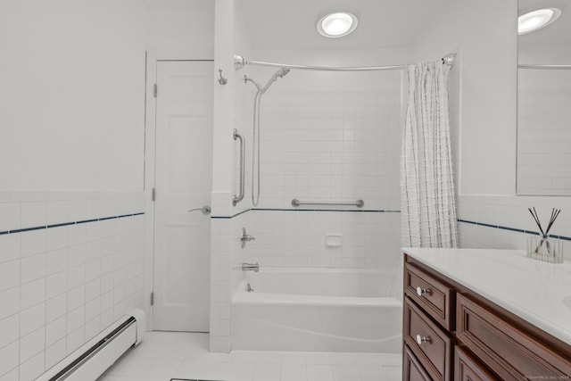 477 Skyline Dr, Orange, CT 06477 - bathroom featuring a baseboard radiator, tile walls, shower / bathtub combination with curtain, vanity, and tile patterned floors